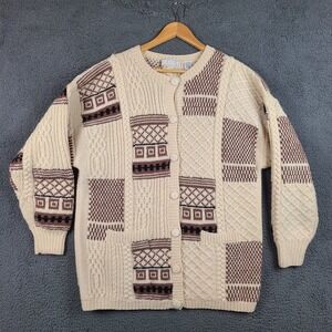 SSG Ltd Vintage 100% Wool Patchwork Cable Knit Cardigan Sweater Large